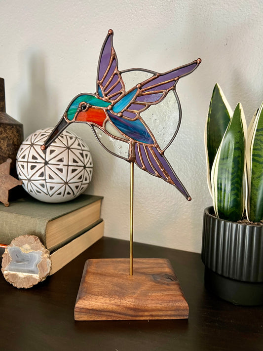 Stained Glass Hummingbird in Flight Sculpture