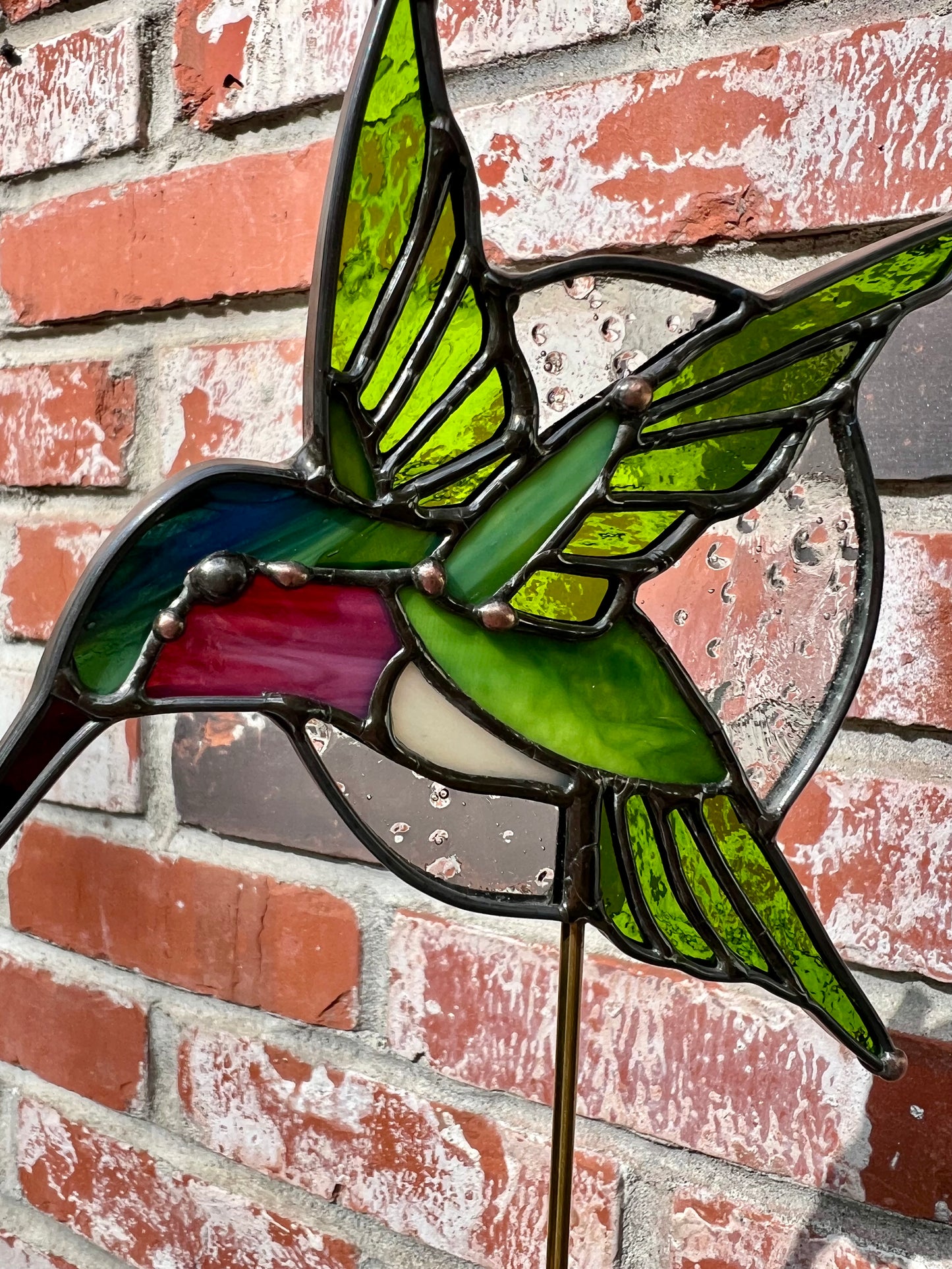 Stained Glass Hummingbird in Flight Sculpture