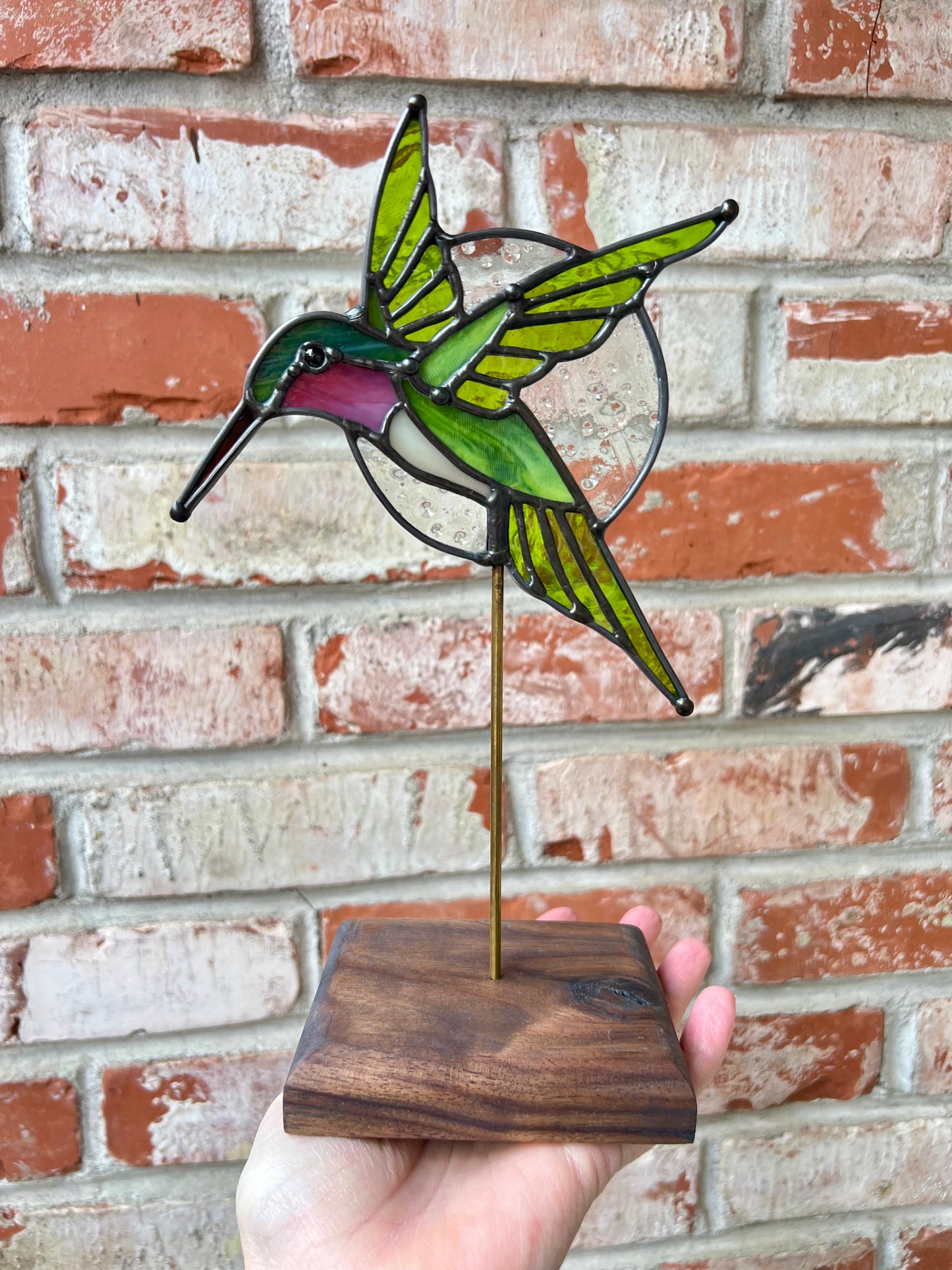 Stained Glass Hummingbird in Flight Sculpture