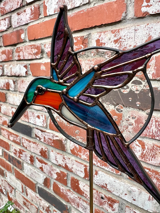 Stained Glass Hummingbird in Flight Sculpture