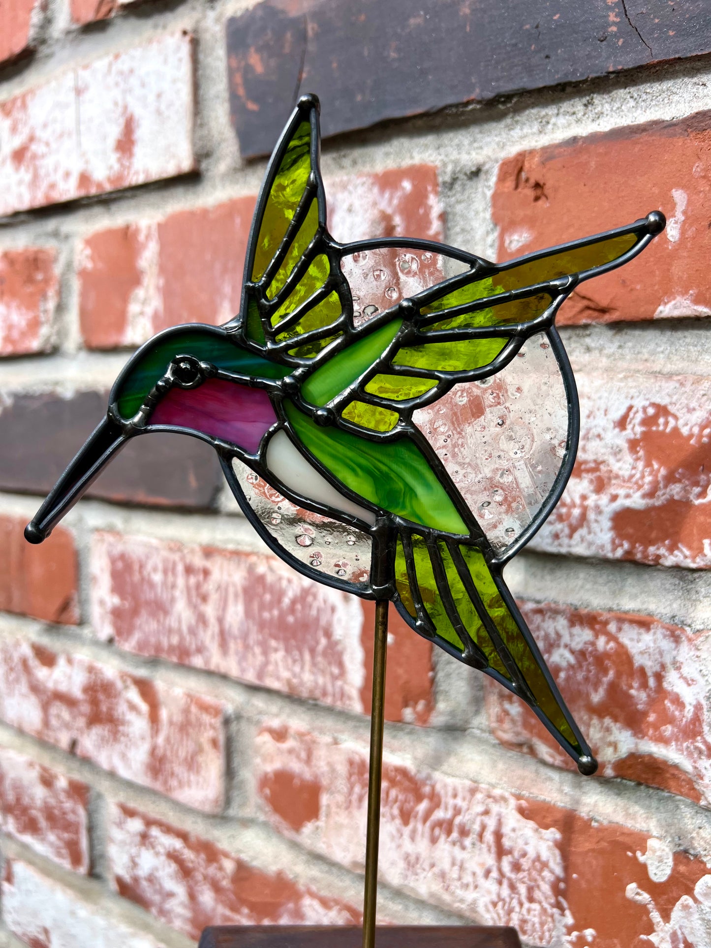 Stained Glass Hummingbird in Flight Sculpture