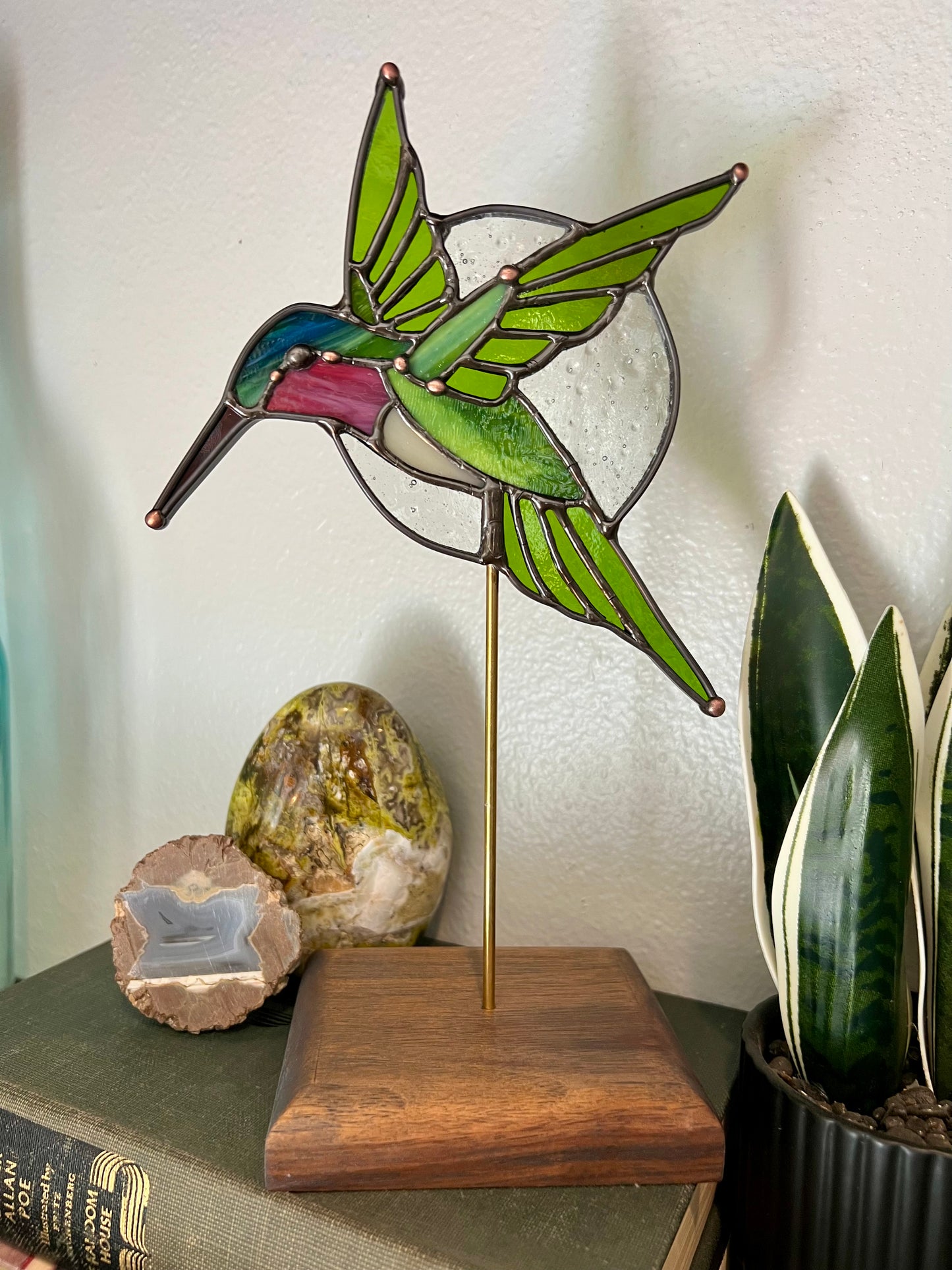 Stained Glass Hummingbird in Flight Sculpture